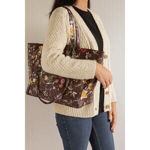 Burgundy Floral Vinyl Tote Bag Gold Ring Detail Large Work Purse 18x12x6